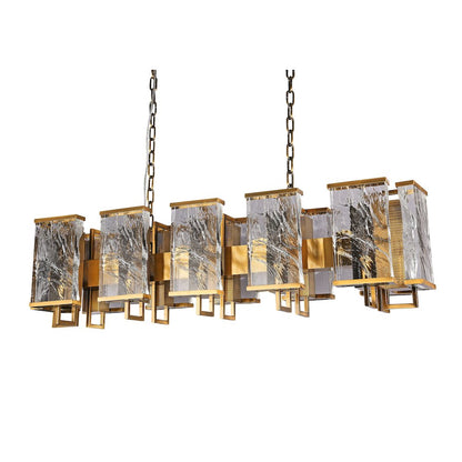 12-Light Brass Metal Chandelier With Clear Crystal Plaques