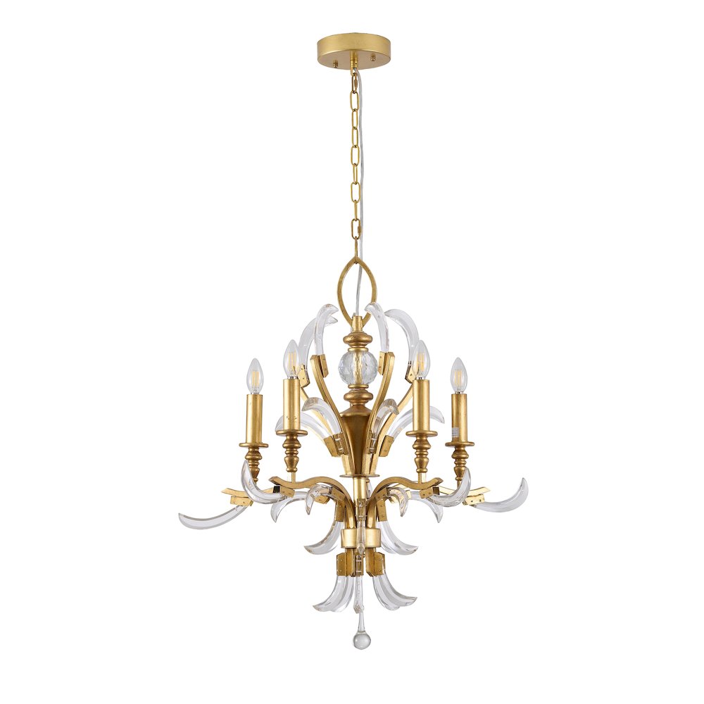 5-Light Gold Metal Leaf Chandelier With Clear Crystals