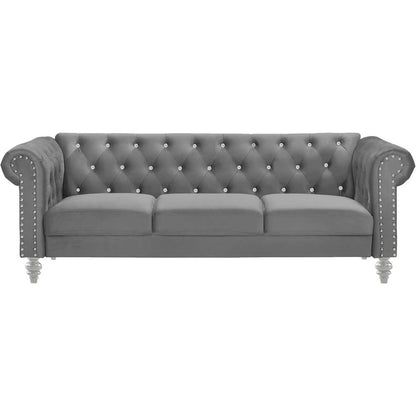 Velvet Fabric Sofa with Rolled Arms in Gray, Elegant Living Room Seating