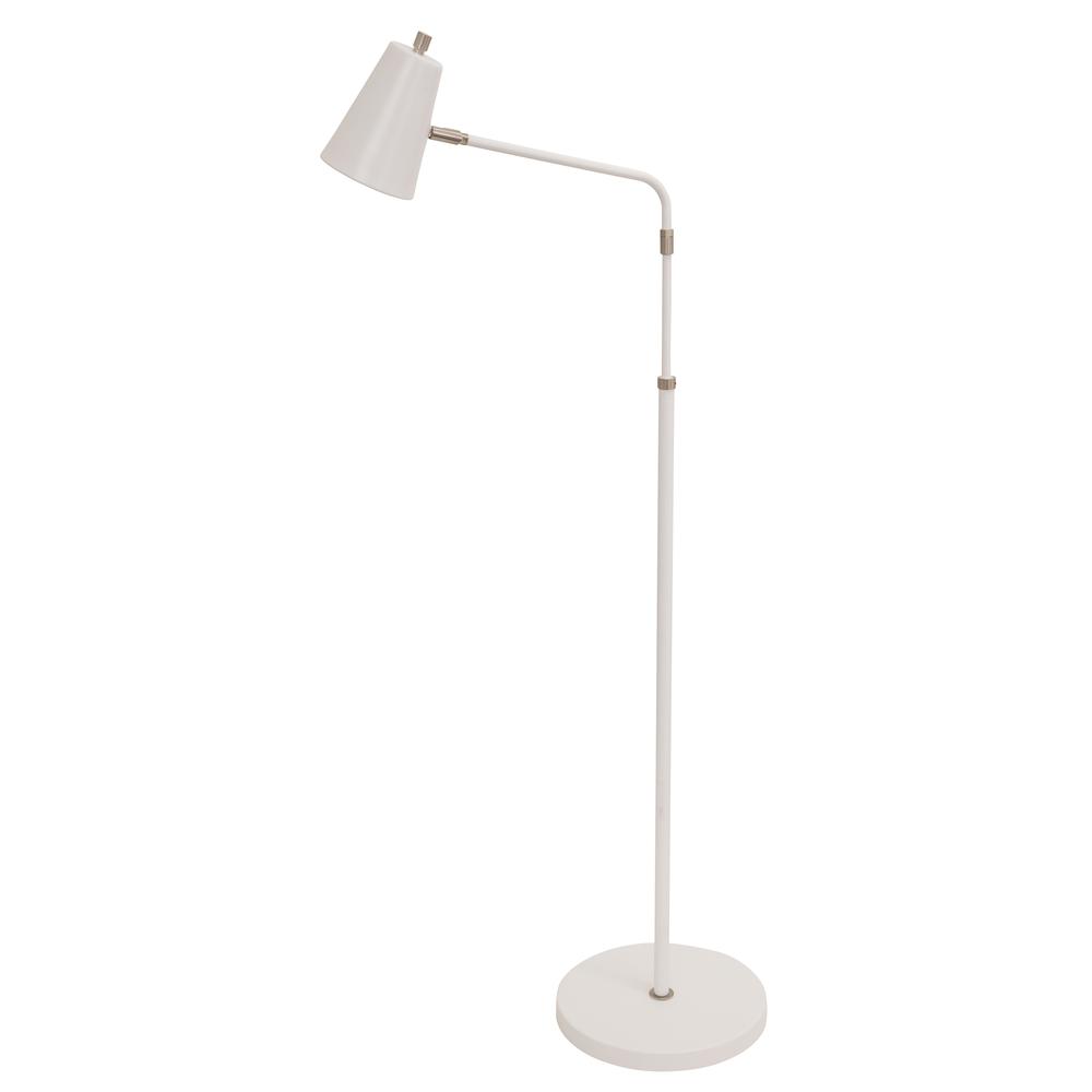 Kirby LED adjustable floor lamp in white with satin nickel accents