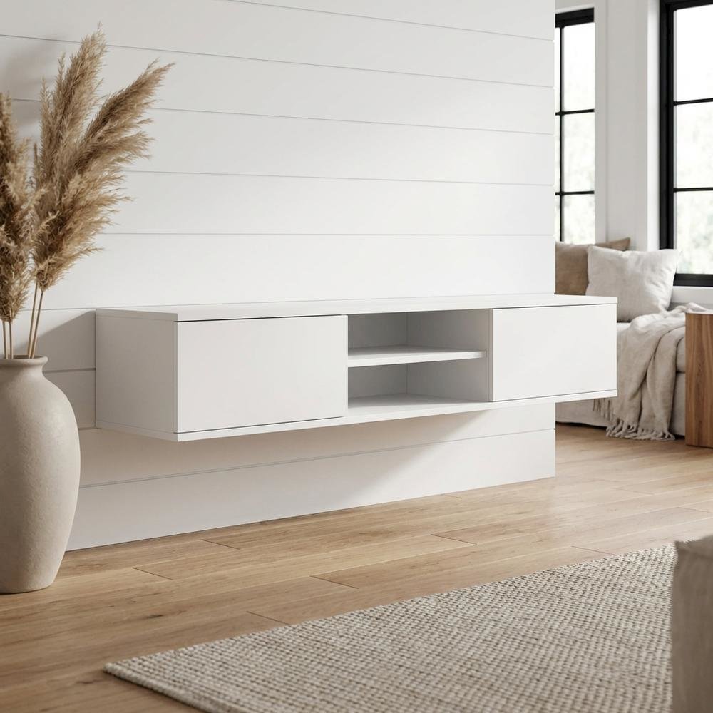 White Floating TV Stand with Wall Mount Design and Engineered Wood Finish