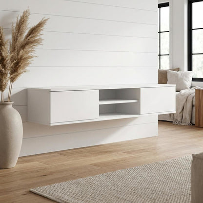 White Floating TV Stand with Wall Mount Design and Engineered Wood Finish