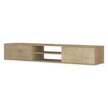 Brown floating TV stand with wall-mounted design and spacious storage