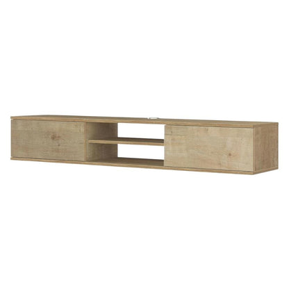 Brown floating TV stand with wall-mounted design and spacious storage