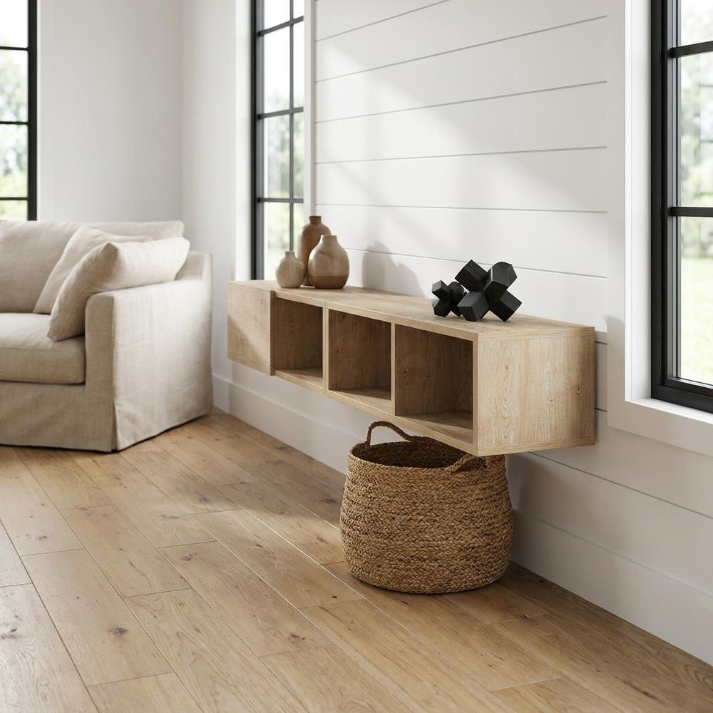 Oak Floating Wall-Mounted TV Stand for 75 Inch Flat Screens Durable Engineering