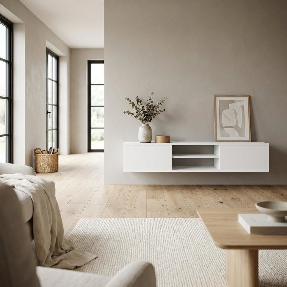 White Floating TV Stand with Wall Mount Design and Engineered Wood Finish