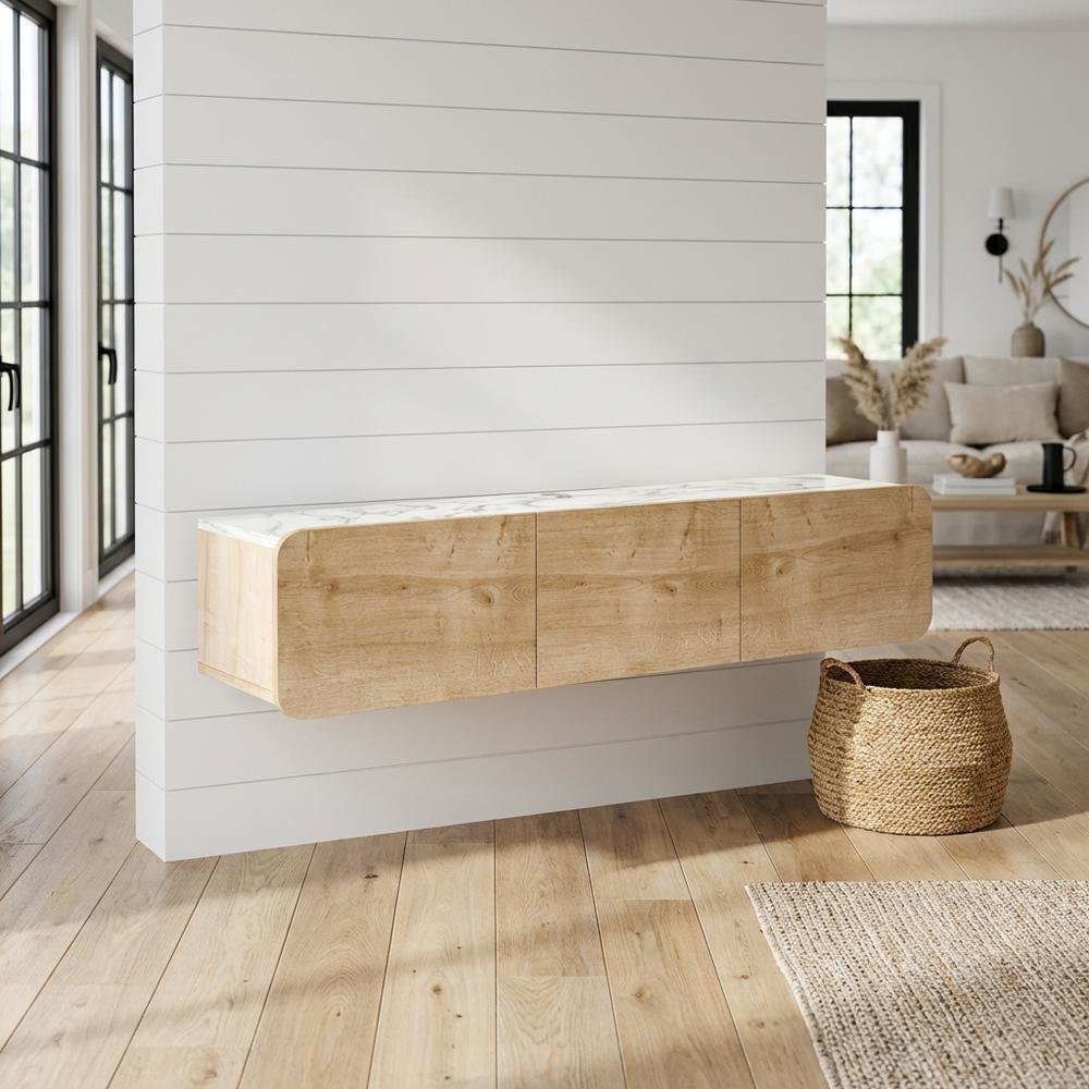 Wall Mounted Oval TV Stand in Walnut with Wooden Finish and Modern Design
