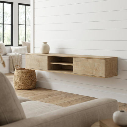 Brown floating TV stand with wall-mounted design and spacious storage