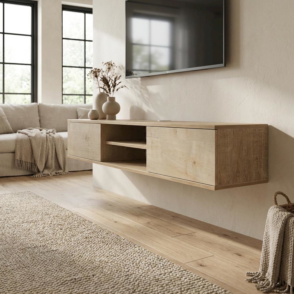 Brown floating TV stand with wall-mounted design and spacious storage