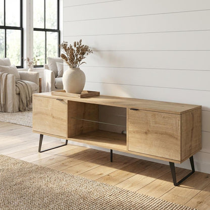 Mid Century Modern Oak Glass Shelf TV Stand with Wooden Frame
