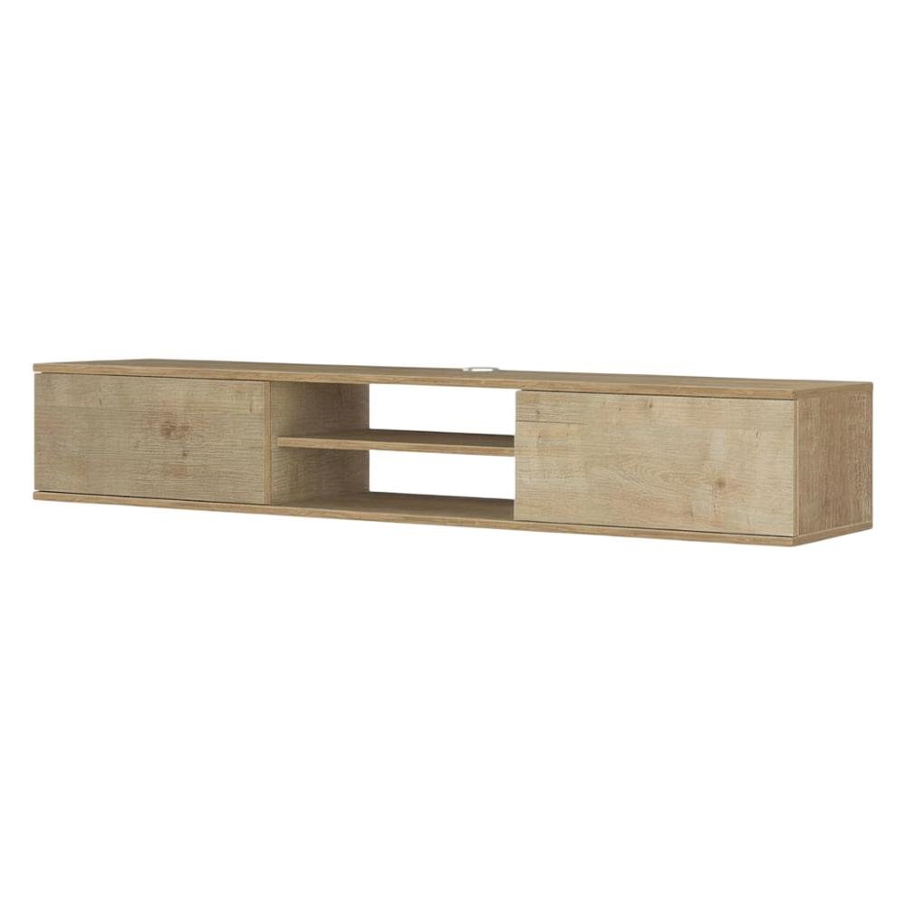 Brown floating TV stand with wall-mounted design and spacious storage