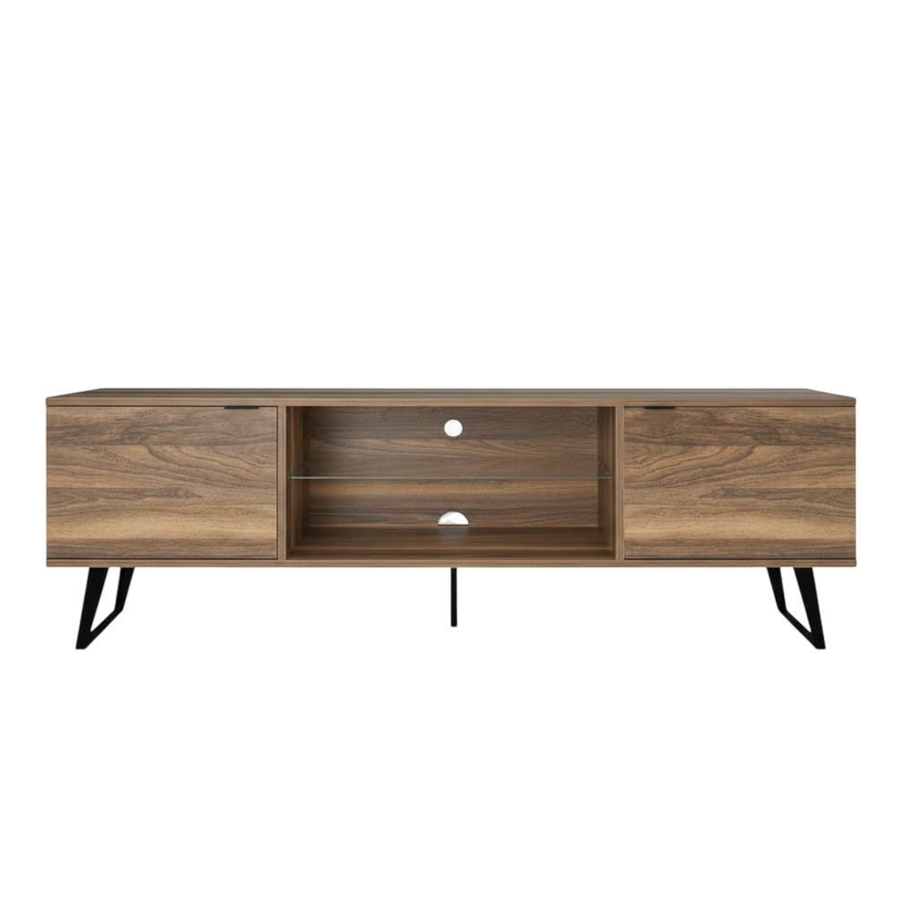 Walnut Wood TV Stand with Glass Door Shelf and Mid-Century Modern Design