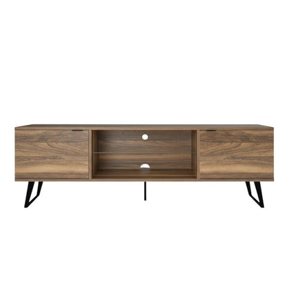 Walnut Wood TV Stand with Glass Door Shelf and Mid-Century Modern Design