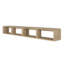 Oak floating TV shelf, modern wall-mounted design, sleek entertainment setup