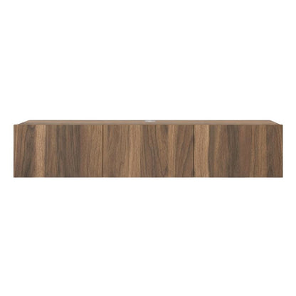 Brown floating TV stand with wall-mount design and modern appeal