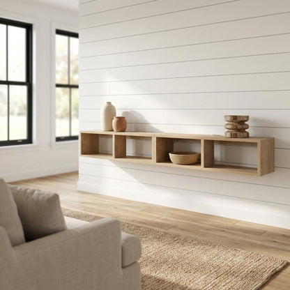 Oak floating TV shelf, modern wall-mounted design, sleek entertainment setup