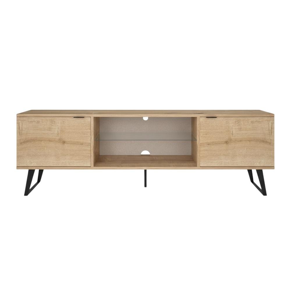 Mid Century Modern Oak Glass Shelf TV Stand with Wooden Frame