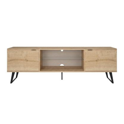 Mid Century Modern Oak Glass Shelf TV Stand with Wooden Frame