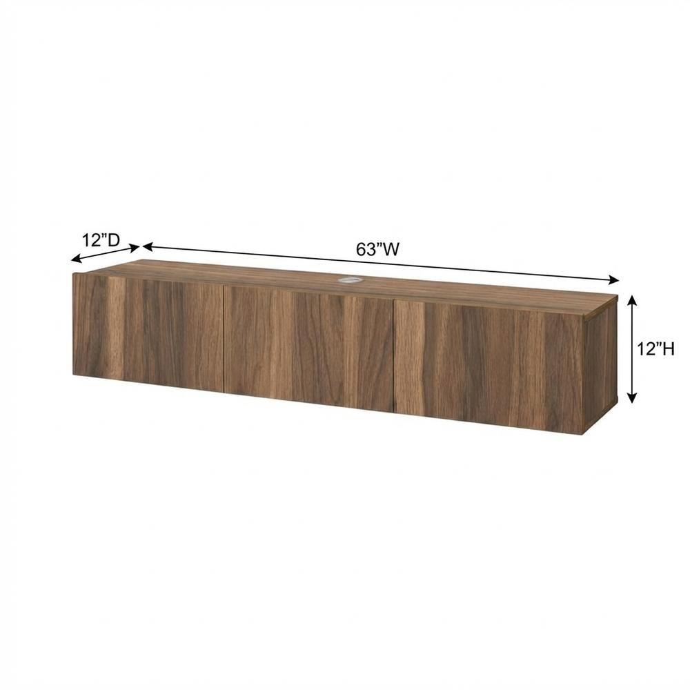 Brown floating TV stand with wall-mount design and modern appeal