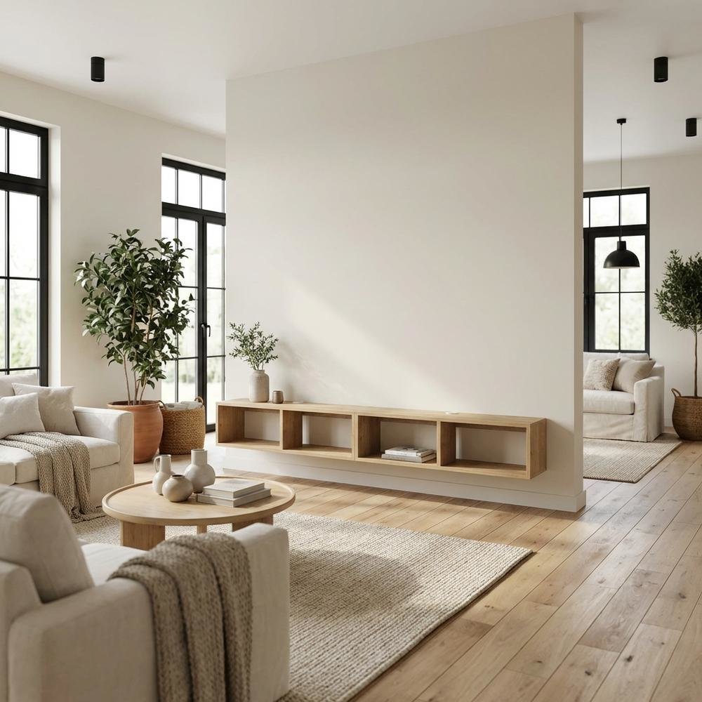 Oak floating TV shelf, modern wall-mounted design, sleek entertainment setup