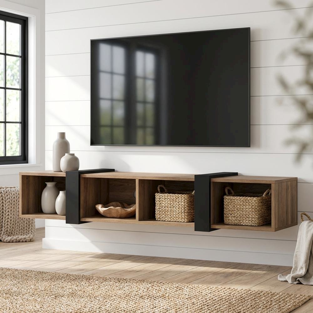 Walnut Floating TV Stand for 75-Inch Wall Mount with Engineered Wood Finish
