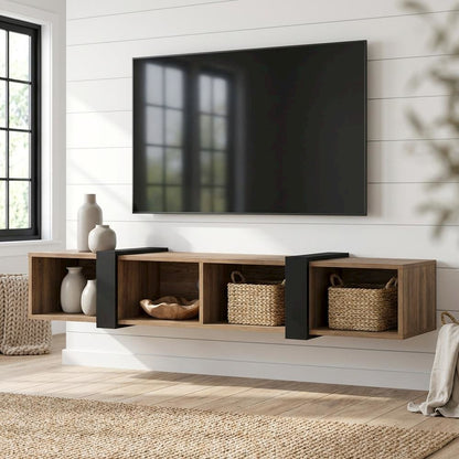 Walnut Floating TV Stand for 75-Inch Wall Mount with Engineered Wood Finish