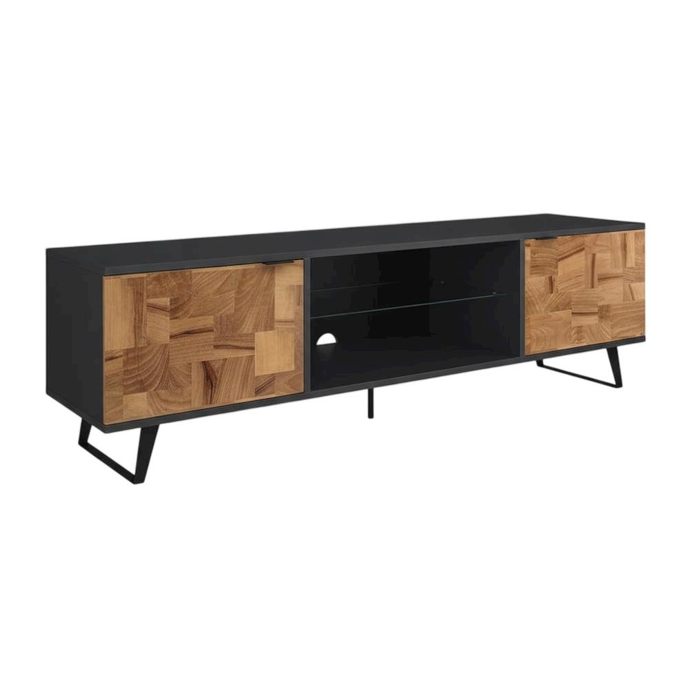 Brown Mid Century Modern TV Stand with Glass Shelf and Rubberwood Veneers
