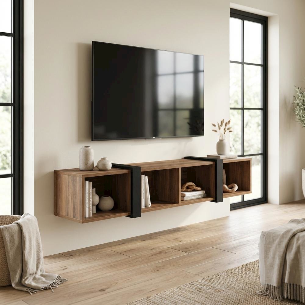 Walnut Floating TV Stand for 75-Inch Wall Mount with Engineered Wood Finish