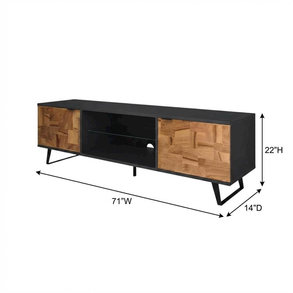 Brown Mid Century Modern TV Stand with Glass Shelf and Rubberwood Veneers