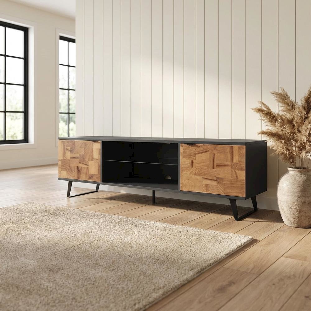 Brown Mid Century Modern TV Stand with Glass Shelf and Rubberwood Veneers