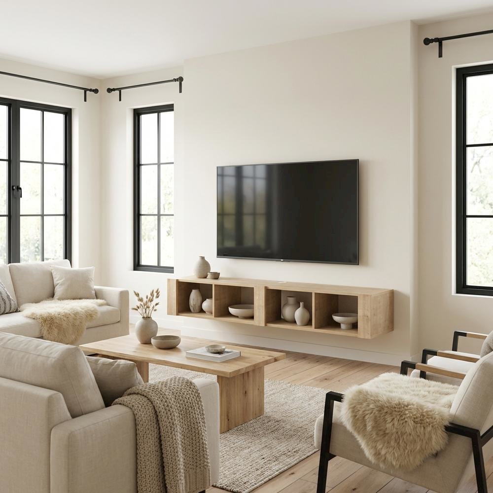 Beige Floating TV Stand for 75 Inch TVs – Wall Mounted Entertainment Center