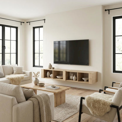 Beige Floating TV Stand for 75 Inch TVs – Wall Mounted Entertainment Center