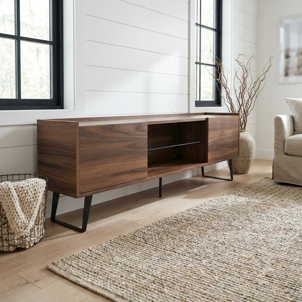 Walnut TV Stand, 65-80 Inch Flat Screen Televisions in Engineered Wood Finish