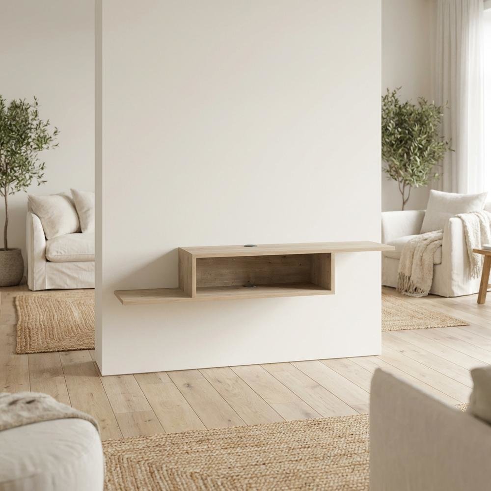Beige Wall Mount TV Stand for 65 Inch Screens with Engineered Wood Shelf