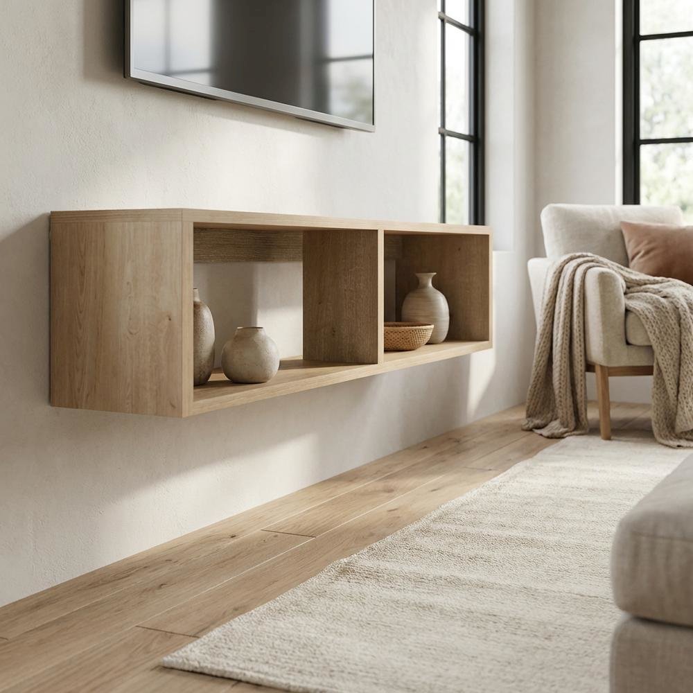 Oak floating TV stand with 2 shelves for modern living spaces