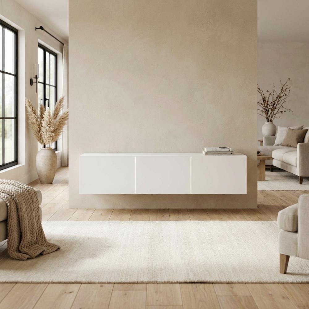 White Floating TV Stand for 75 Inch Screens with Solid Wood and Veneer Finish