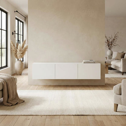 White Floating TV Stand for 75 Inch Screens with Solid Wood and Veneer Finish