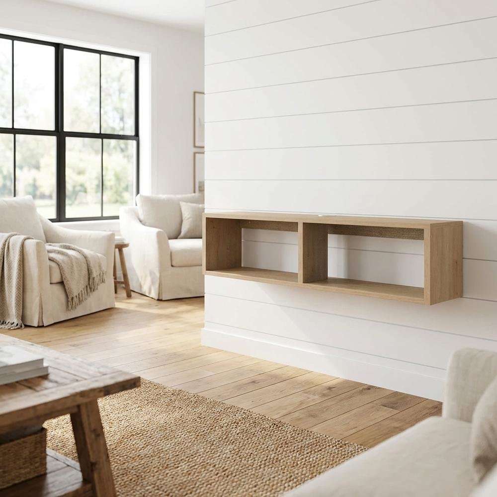 Oak floating TV stand with 2 shelves for modern living spaces