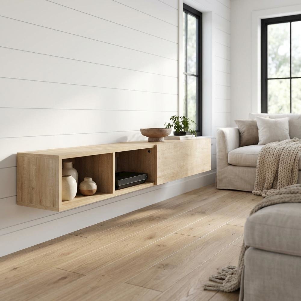 Floating TV Stand with Oak Finish and Open Shelves for Modern Living
