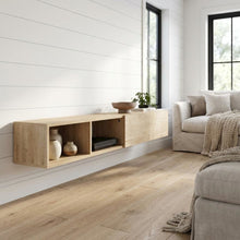 Floating TV Stand with Oak Finish and Open Shelves for Modern Living