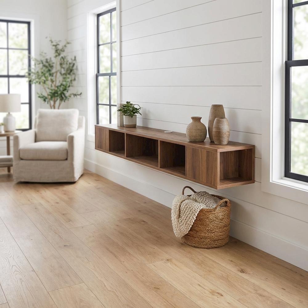 Walnut Floating TV Stand with Wall Mount Design and Engineered Wood Finish