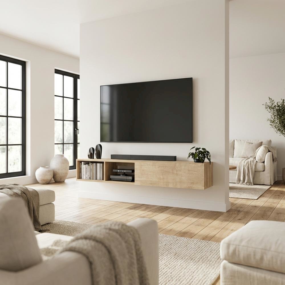 Floating TV Stand with Oak Finish and Open Shelves for Modern Living