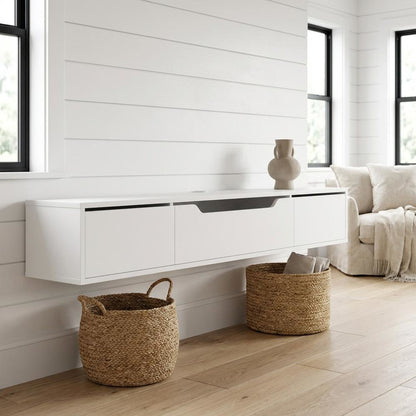 White Wall-Mounted TV Stand, Up to 80 Inch Screens, Engineered Wood Material