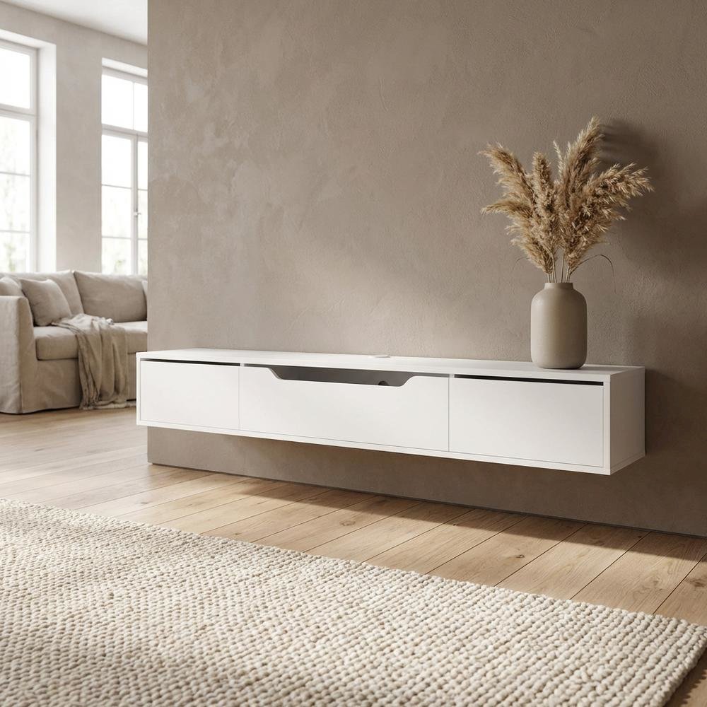 White Wall-Mounted TV Stand, Up to 80 Inch Screens, Engineered Wood Material