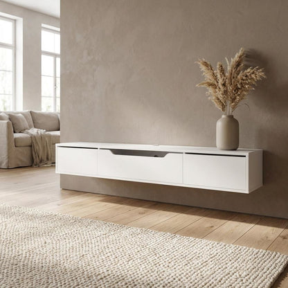 White Wall-Mounted TV Stand, Up to 80 Inch Screens, Engineered Wood Material