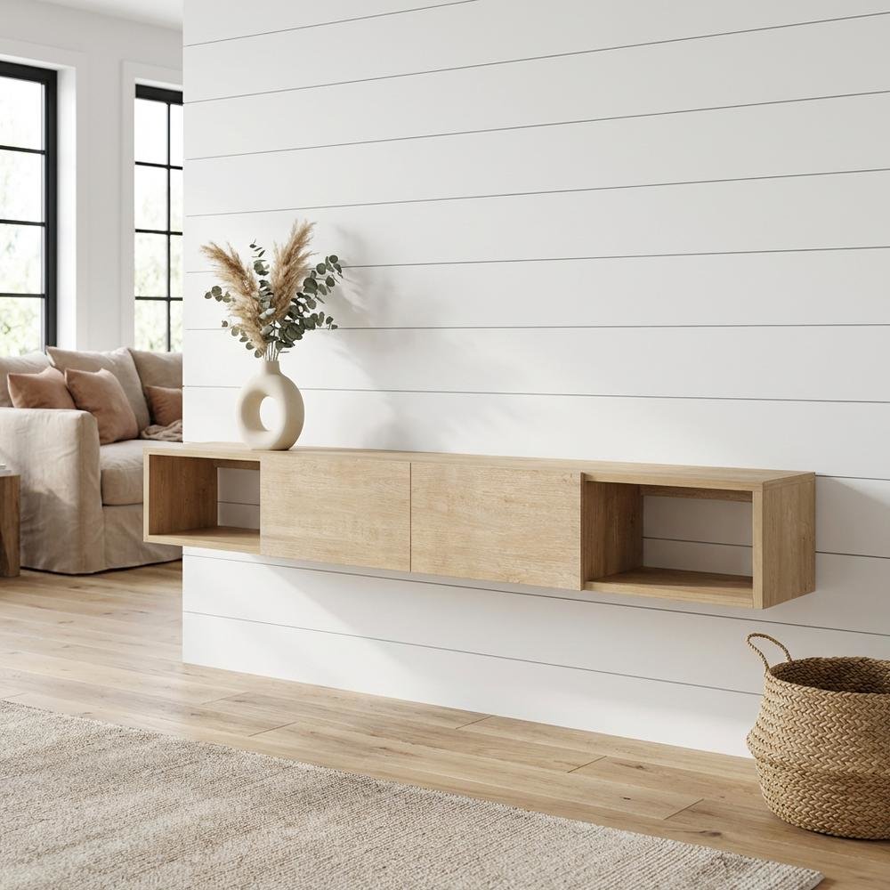 Modern Oak Wall-Mounted TV Stand for 75 Inch Flat Screen with Engineered Wood