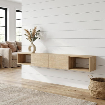 Modern Oak Wall-Mounted TV Stand for 75 Inch Flat Screen with Engineered Wood