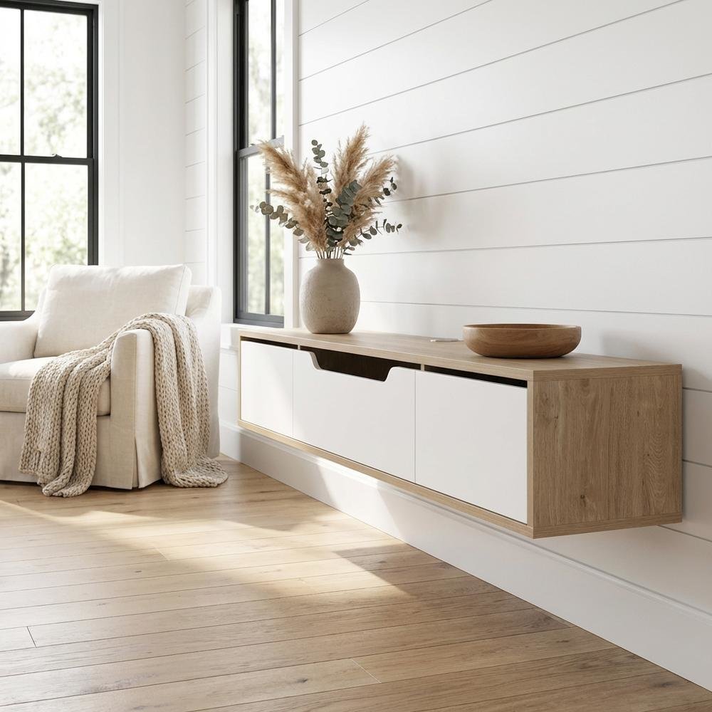 Beige Wall-Mounted TV Stand, Up to 80 Inch Screens, Engineered Wood Construction