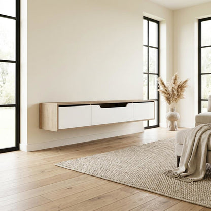 Beige Wall-Mounted TV Stand, Up to 80 Inch Screens, Engineered Wood Construction