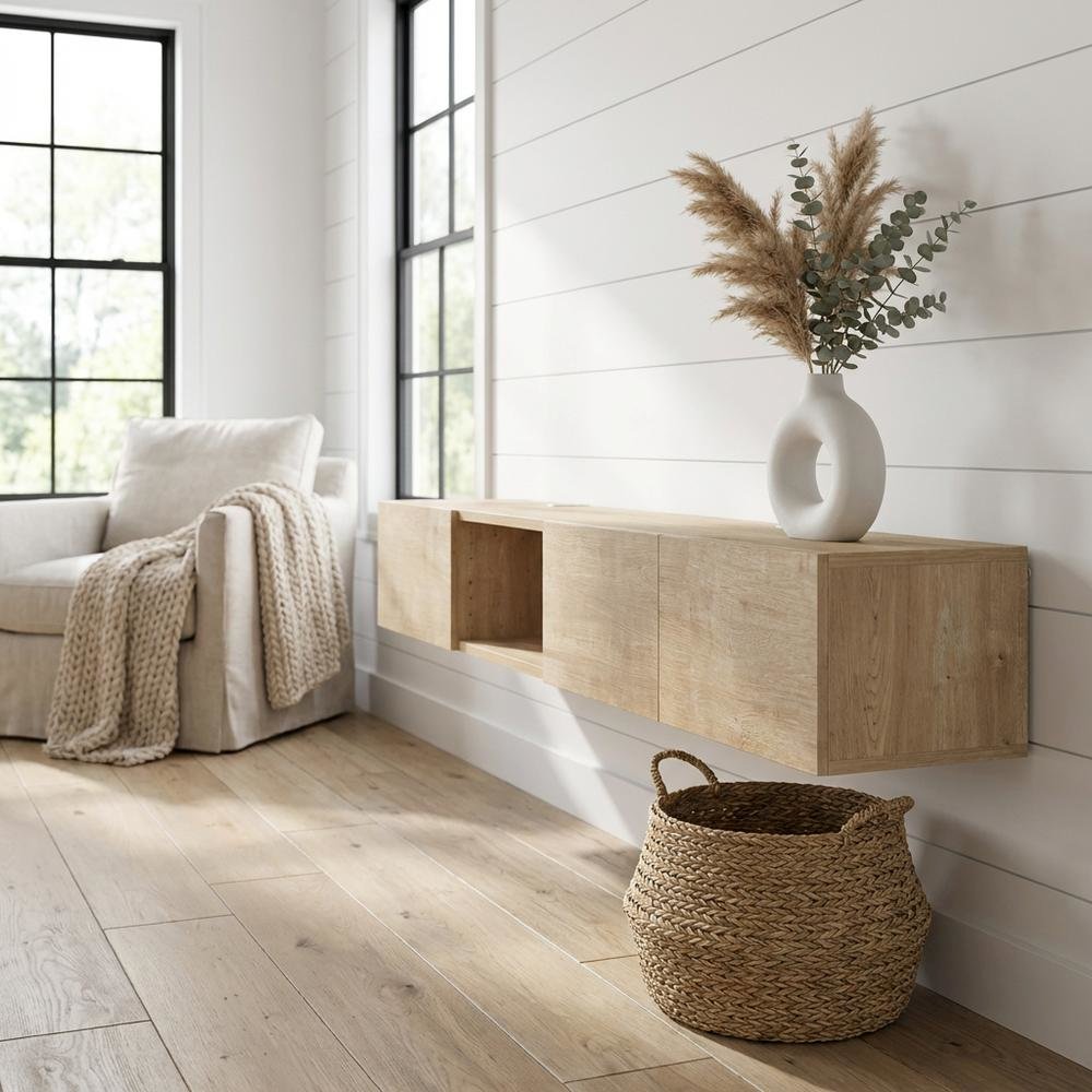 Oak Floating TV Stand for Wall Mounting, Modern Design, 75 Inch Compatible
